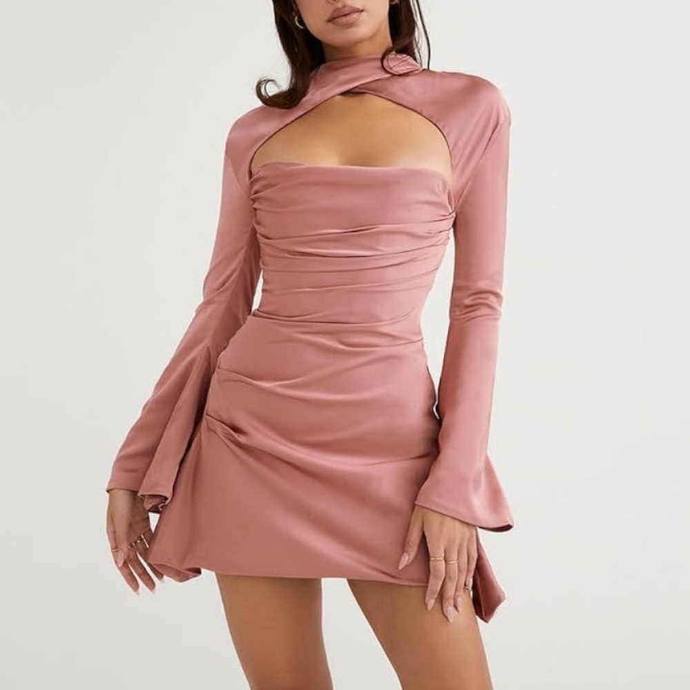 House of CB-Rose Toira Long Bell Sleeve Cutout Mini Draped Corset Cocktail Dress